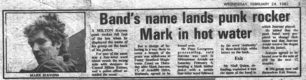 Band's name lands punk rocker Mark Jeavons in hot water [newspaper cutting]