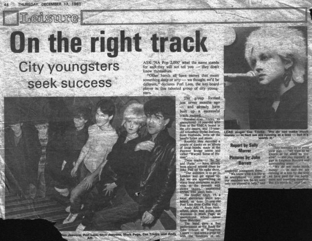 Newspaper article about the band NA Pop 2000