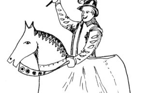 Drawing of a man riding on a hobby horse 1981