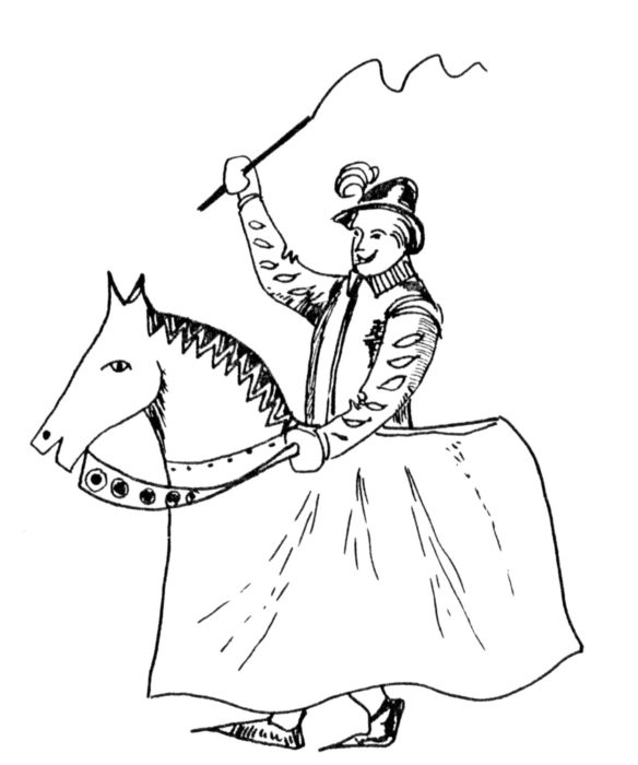 Drawing of a man riding on a hobby horse 1981