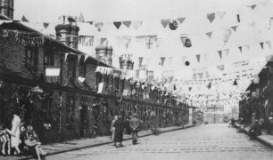 Company houses decorated for Coronation of King George VI and Queen Elizabeth.