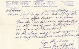 Handwritten memo from the Bradwell United Silver Prize Band, 1952.
