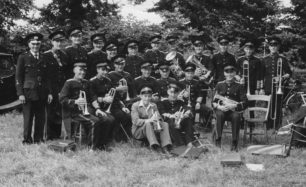 Bradwell Silver Band with instruments at Gawcott Garden Fete, Buckingham, 1951.