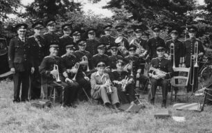 Bradwell Silver Band with instruments at Gawcott Garden Fete, Buckingham, 1951.