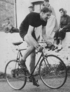 Cycle racer Albert French winning the Invicta Road Club hill climb, Oct 1953