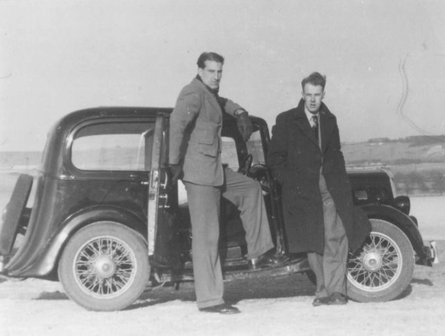 Albert French and John Toogood by a car.