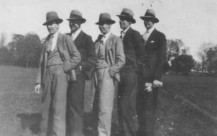 5 smartly dressed men in the recreation ground in 1930: Bill Dearn, Reg Turvey, Bill Hood, Henry Hood and Arthur Huckle