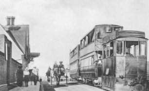 Steam Tram at Wolverton Station with Goodman's horse drawn cart beside it