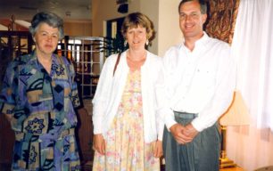 Daphne with two guests at her retirement party