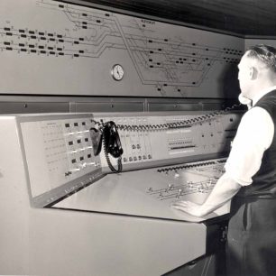 Harold Mason at the controls in Bletchley Power Box