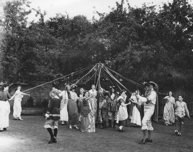 A performance of the Maypole Dance at St Mary's Church, Stony Stratford