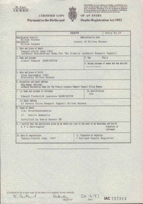 Albert Harrington's Death Certificate
