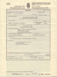 Margery Harrington's Death Certificate