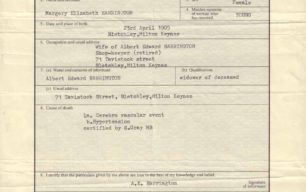Margery Harrington's Death Certificate