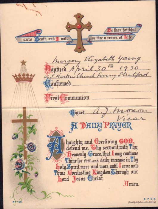 Margery Young Baptism Prayer Card