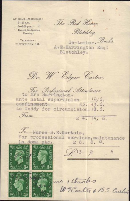 Bill for Medical Attendance to Mrs Harrington, 1938