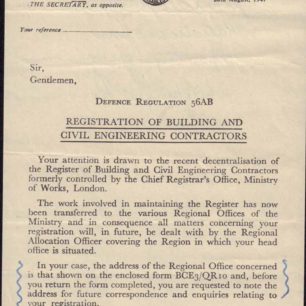 Ministry of Works letter, 1947