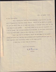 Letter offering post of Organist, 1938