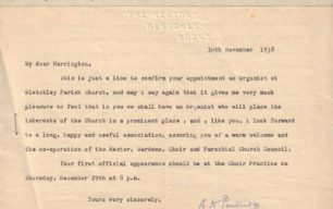Letter confirming appointment as Organist, 1938