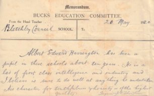 Reference letter from Bletchley School, 1920