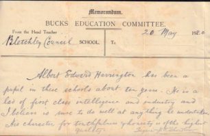 Reference letter from Bletchley School, 1920