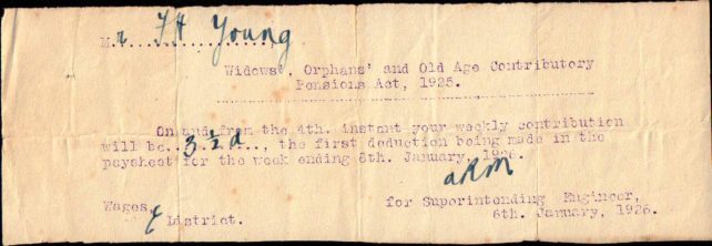 Pension contribution slip for Mr F. H. Young, 1926