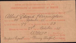 Birth certificate of Albert Harrington, 1905