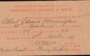 Birth certificate of Albert Harrington, 1905