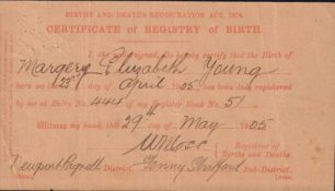 Birth certificate of Margery Young, 1905