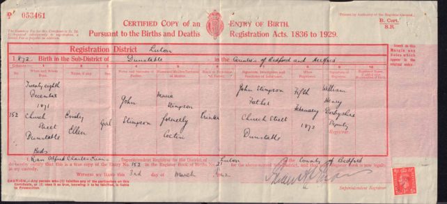 Birth certificate of Emily Ellen Stimpson, 1871