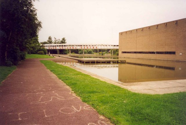 Bletchley Leisure Centre with pond and bridge