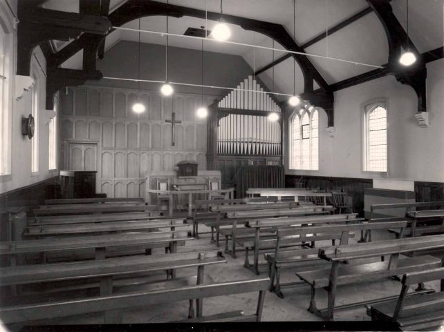 Church interior with pipe organ