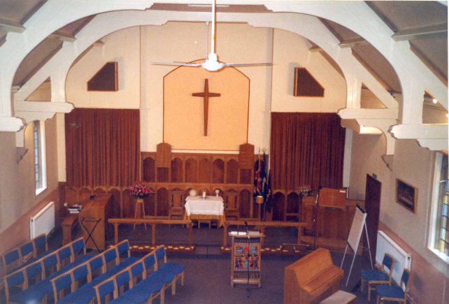 Church front interior with new chairs