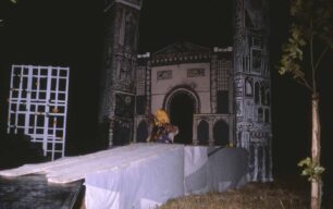 Performers outside the Beast's castle