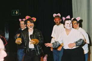Five on stage with feline painted faces