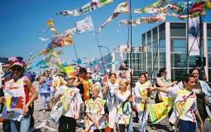 Carnival group with colourful banners