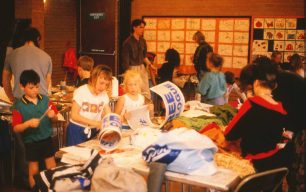 Making costumes and banners in a community hall