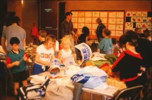 Making costumes and banners in a community hall