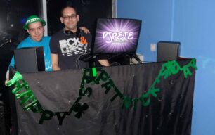 DJ Pete and a crew member at the sound desk