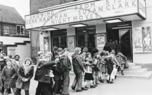 Children entering Studio Cinema, Bletchley to Watch 'All Creatures Great & Small' 1975