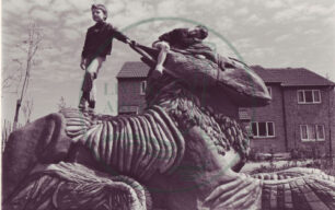Children on The Griffin sculpture by Lesley Bonner, Eaglestone 1979