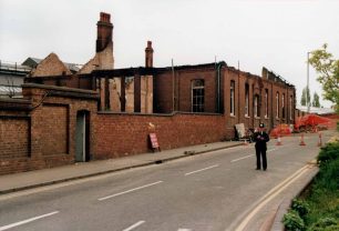 Stratford Road closed at the burnt-out shell of the old Works Main Offices