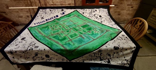 Completed Fishermead 50th Birthday Banner. Artist Emi Fujisawa with pupils of Willows School and community of Fishermead, June 2023