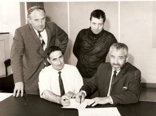 Picture above left to right – Harry Ackroyd, Works Manager, John Pettit, Works Committee chair, Reg Thomas, Works Committee vice chair, Michael Katz, Managing Director.