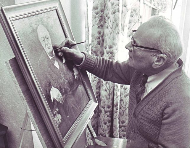 Man painting a portrait of Sir Winston Churchill