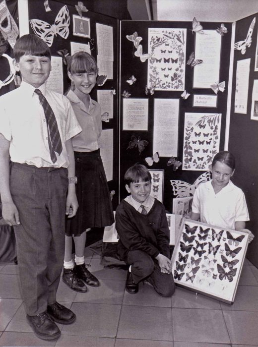 Four children with butterfly exhibit and information