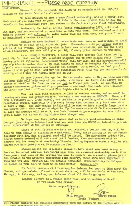 Bletchley Youth Centre membership letter