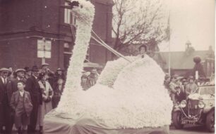 Lady seated on carnival swan