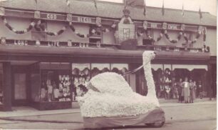 Carnival swan outside Cowlishaw's shop