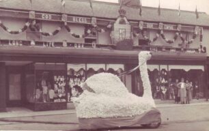 Carnival swan outside Cowlishaw's shop